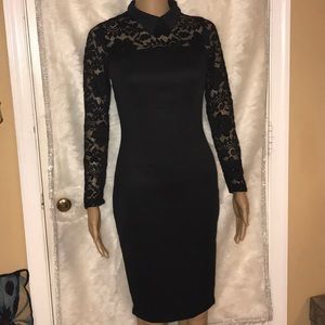 Black Lace Bodycon Cocktail Dress Tuxedo Collar